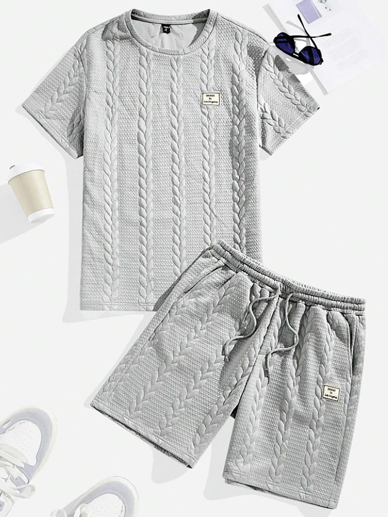Men's Solid Textured Patched Tee & Drawstring Waist Shorts Set, Regular Fit Casual Round Neck Short Sleeve T-shirt & Pocket Shorts, Men's Summer Clothes