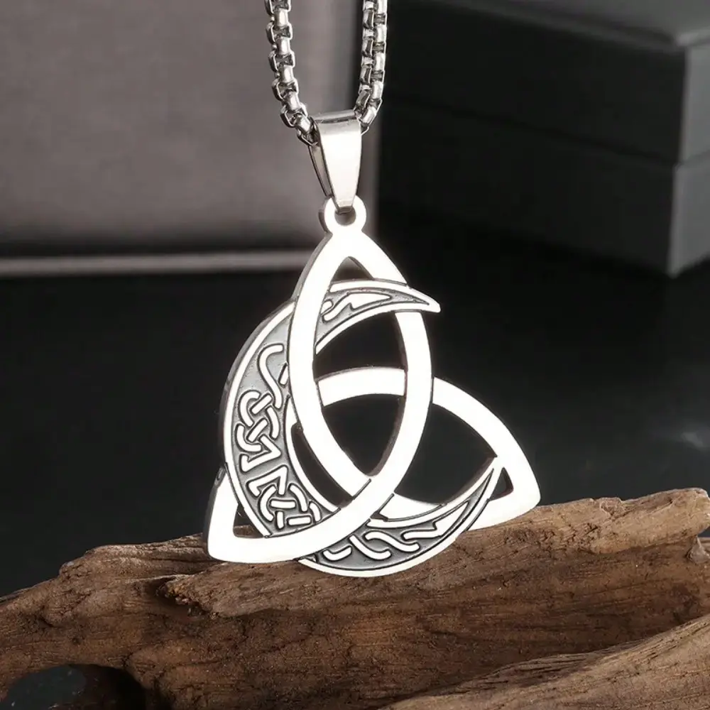 1pc Mysterious Occultism Stainless Steel Triangle Knot Moon Phase Wrapped Men's Pendant Necklace Gothic Witch Jewelry