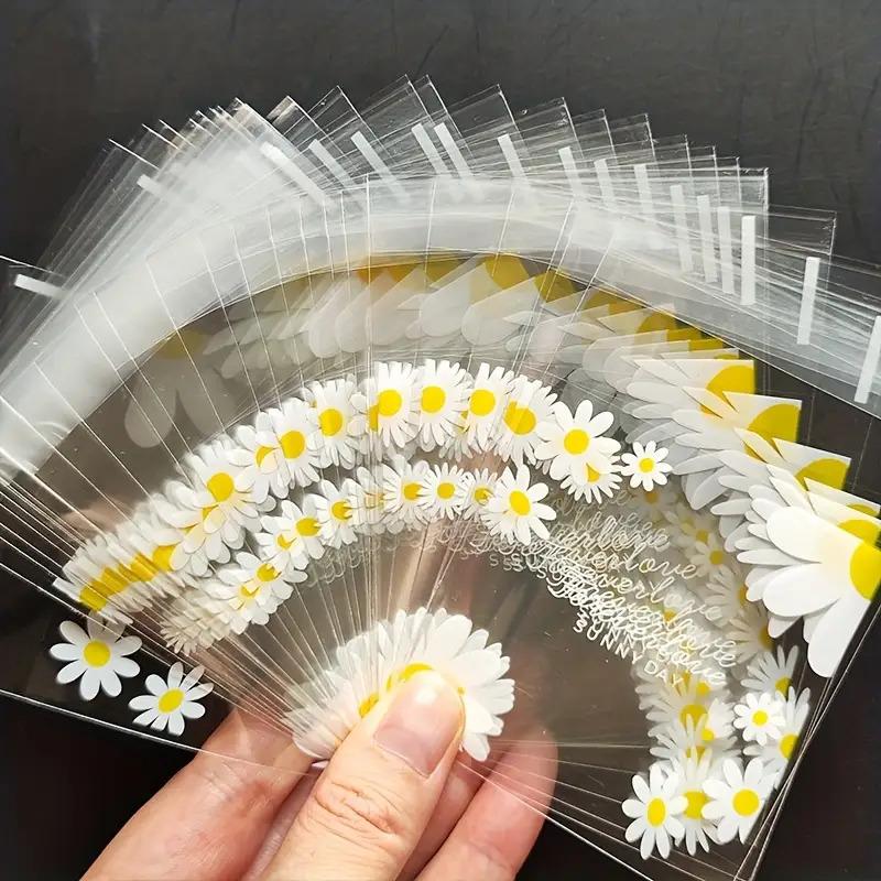 100pcs daisy print gift bag, transparent self-adhesive small packaging bag suitable for wedding return gifts, birthday tea parties, small gift packaging, independent packaging bags for biscuit baking all year round
