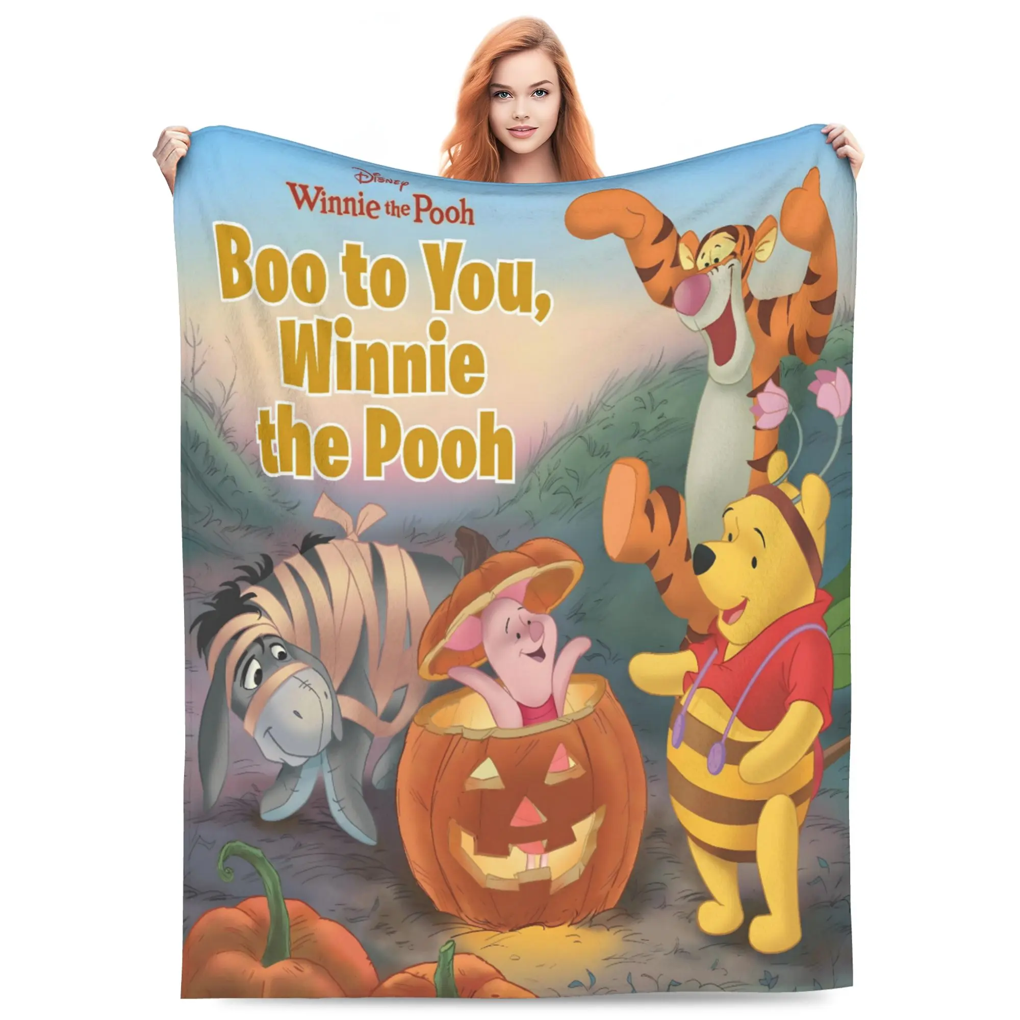 DISNEY CLASSIC Winnie the Pooh Halloween Throw Blanket, Pooh Tigger Piglet Eeyore Pumpkin Mummy Costume Design, Soft Flannel Lightweight Cozy Blanket for Sofa Bed Halloween Decor