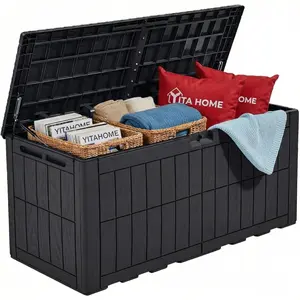 110 Gallon Outdoor Deck Box, Waterproof Resin Storage Box with Lock, Lockable Patio Furniture Bin, 2-Person Bench Seating for Outdoor Cushions, Garden Tools & Sports/Pool Supplies, Black