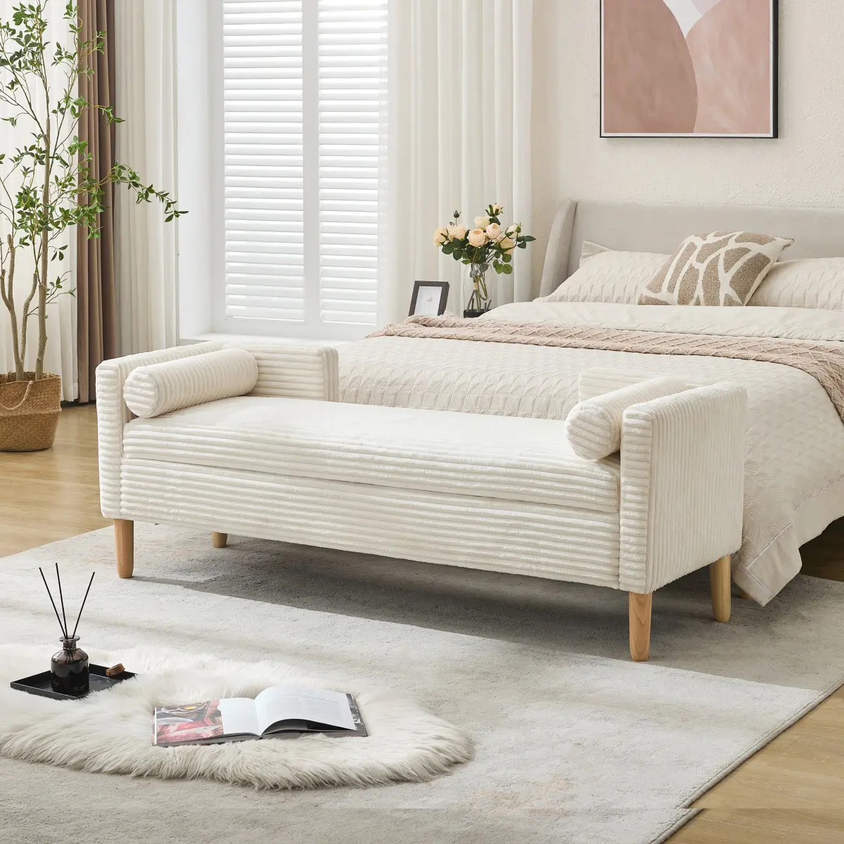 Aobtkel 65.35" Wide Corduroy Upholstered Flip-Top Storage Accent Bed Bench - Multi-Use Footrest Ottoman with Armrest, Backrest, 2 Bolster Pillows, Wood Legs, 350 lbs Capacity, Easy Setup, All Tools Included for Living Room, End of Bed