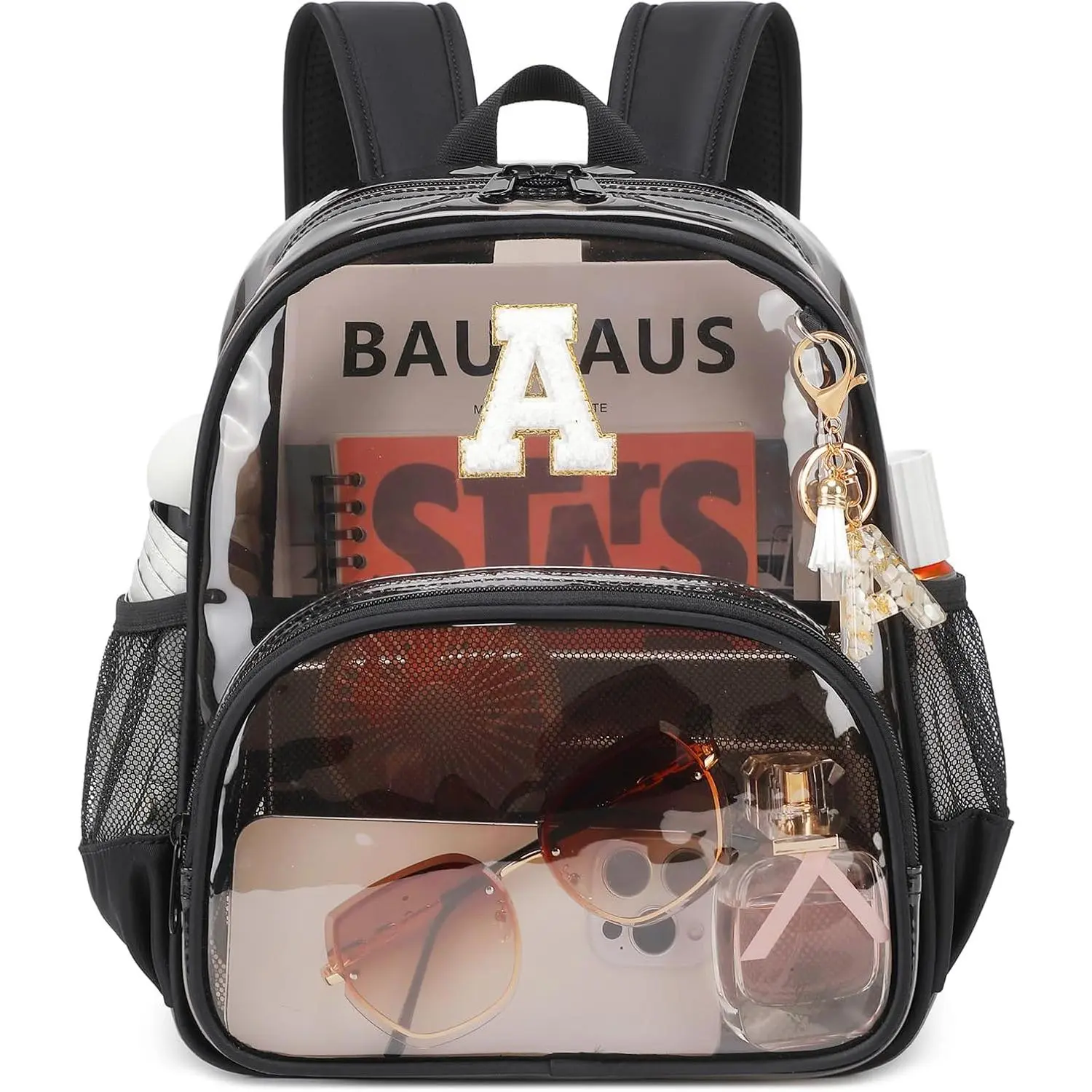 Clear Backpacks for Stadium Events Approved 12×6×12 Clear Bookbag for Women Mini Transparent Letter  Pack, Semi-black, Letter-A