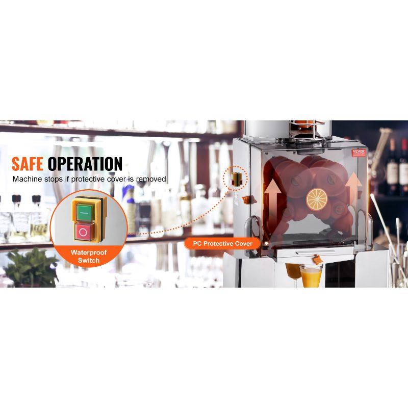 VEVOR Commercial Orange Juicer Machine, 120W Automatic Feeding Juice Extractor, Stainless Steel Juice Extractor for 25 Oranges Per Minute, with Pull-Out Filter Box, PC Cover, 2 Peel Collecting Buckets