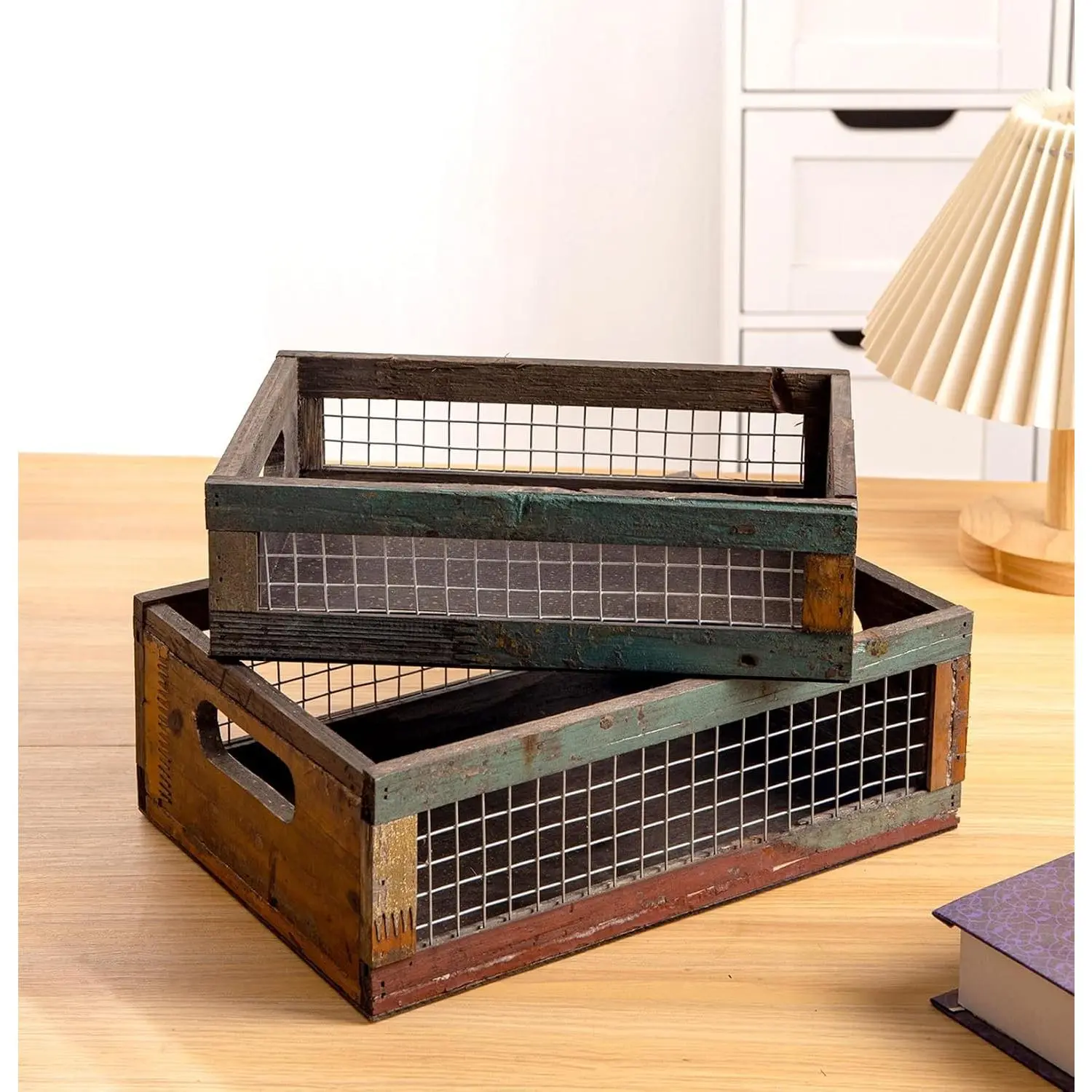 Set of 2 Rustic Wooden Countertop Baskets, Farmhouse Distressed Nesting Boxes, Small Decorative Wooden Storage Crates, Reclaimed Wood Organizer Baskets with Wire Mesh (Random)