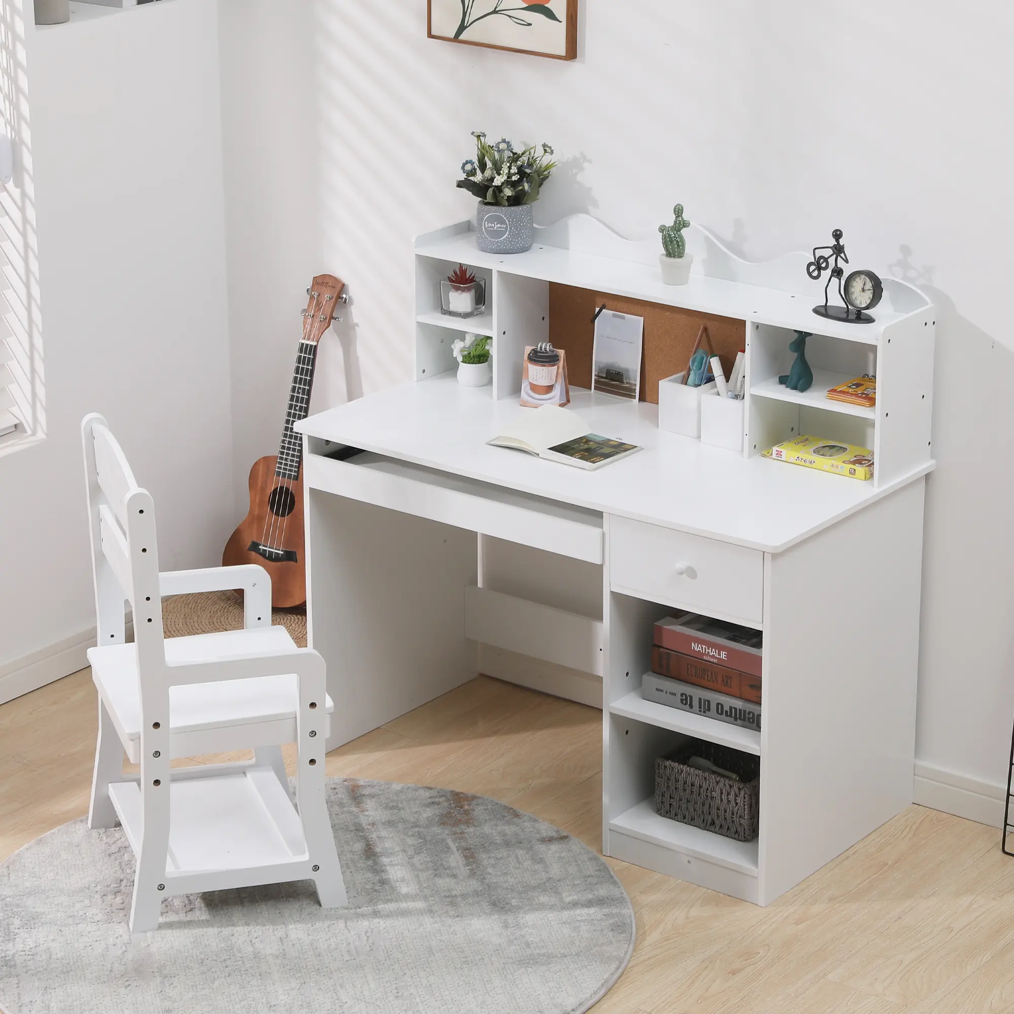 Kids' Wooden Desk and Chair Set - 14.6"(l) x 13.2"(w) x 28.4"(h), Adjustable Ergonomic Design, Storage Shelf, Corkboard for Pins, Keyboard Drawer, Pen Holder, Ideal for 3-8 Age Group for Art, Homework