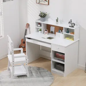 Wooden kids desk and chair set comes with storage shelf, bulletin board, keyboard drawer and pen holder. Suitable for kids aged 3-8 for study and daily learning