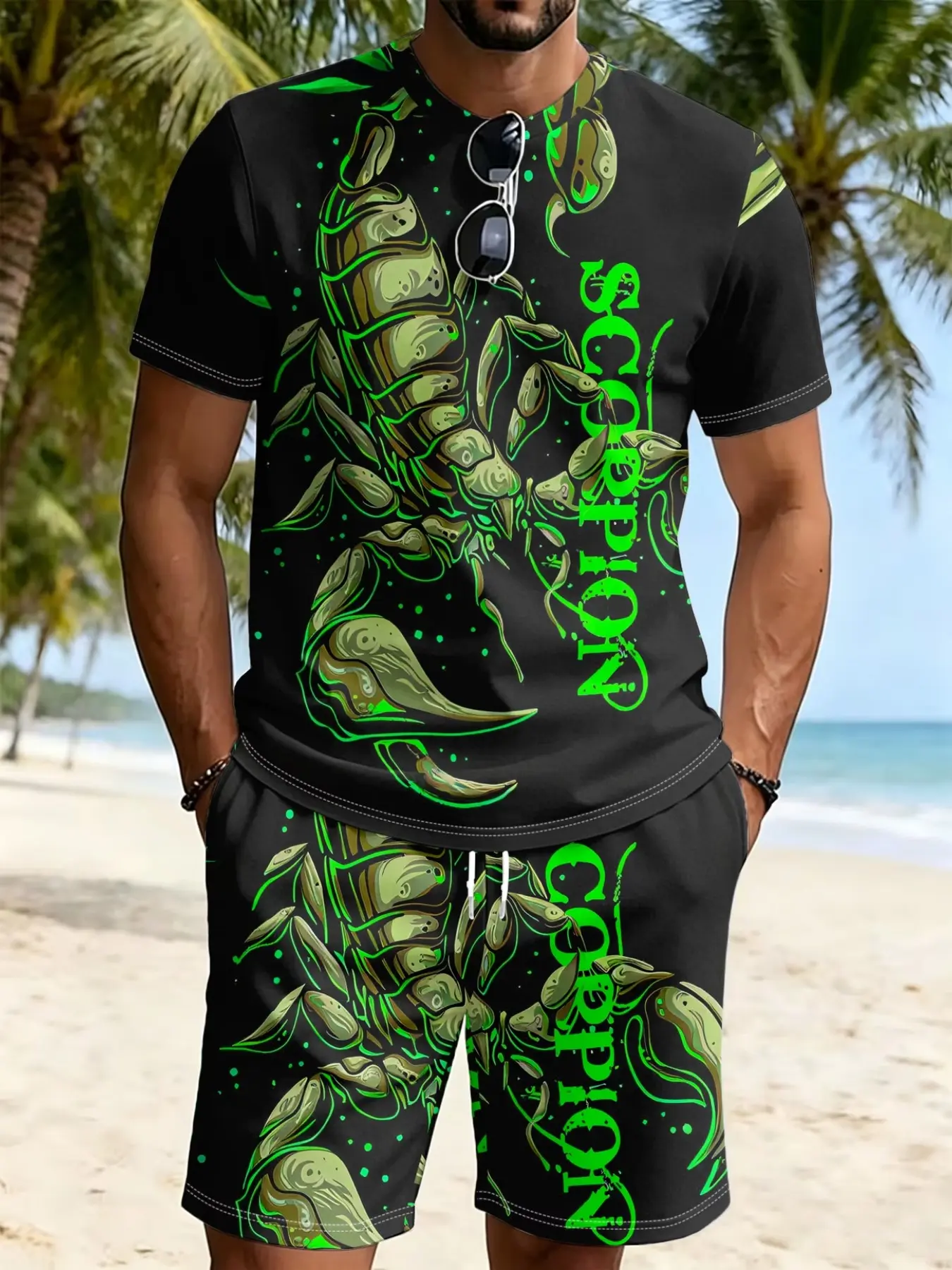 Men's Casual T-Shirt and Shorts Set, Scorpion Pattern, Summer Outdoor Clothing, Comfortable Printed Two-Piece