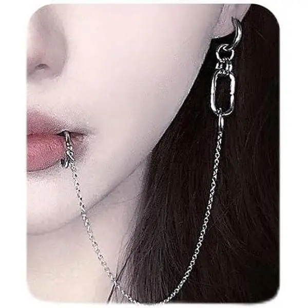 Lip Ring Chain To Ear Hoop Nose Ring Gothic Clip  Non  Lip Helix Cartilage Clip  Wrap Earrings  Lip Rings   for Women