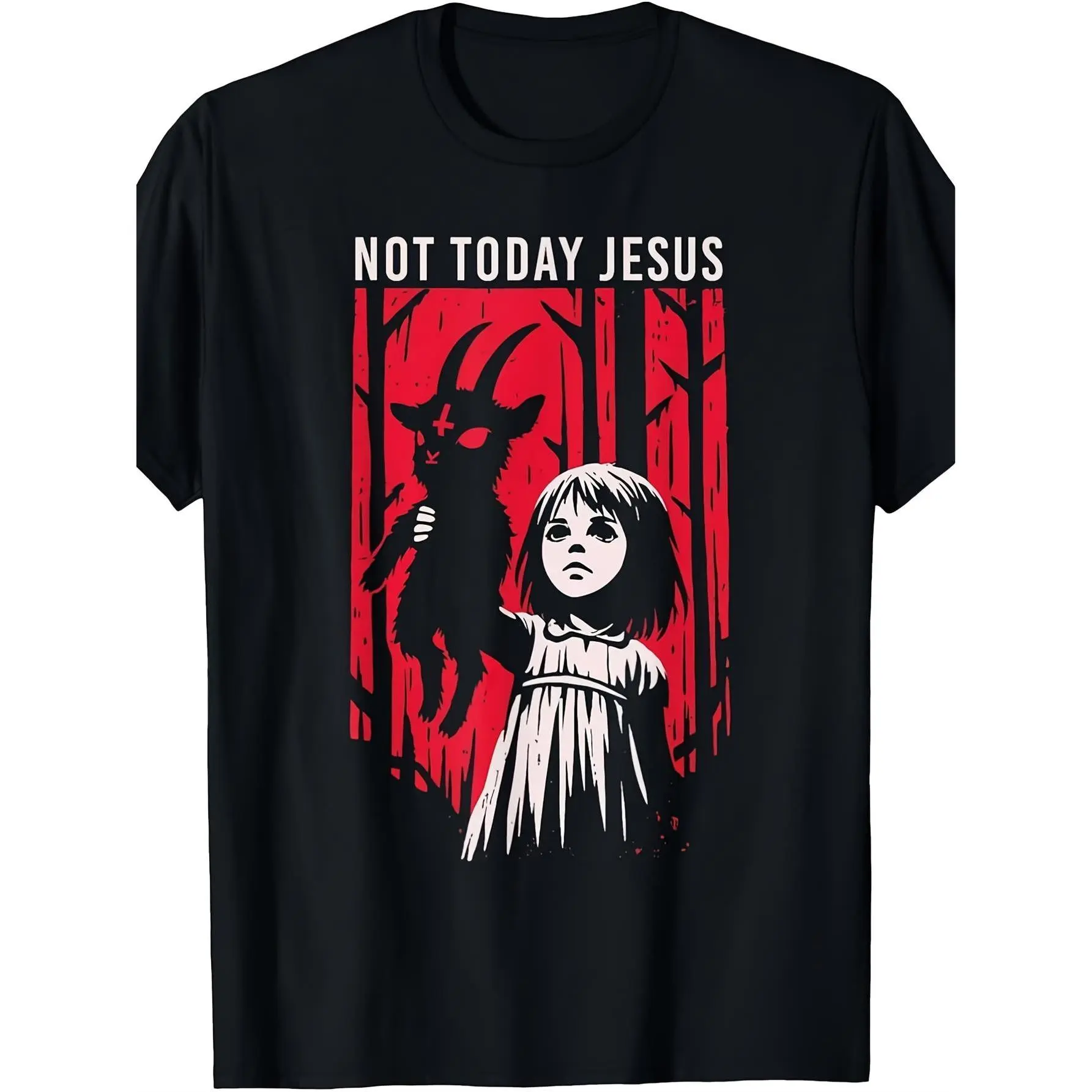 MenS & WomenS Gothic Not Today Goat Demon Graphic T-Shirt Heavyweight 220gsm Black with White Print, Edgy Religious Horror Design, Casual Crew Neck Short Sleeve Tee for Teens & Adults, Vintage Style, Slight Stretch Fabric, for Teenager