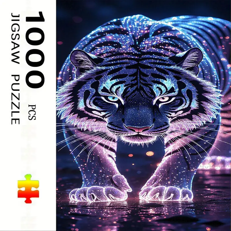 1000 Piece Glowing Tiger Puzzle, Large Adult Family Interactive Toy, DIY Home Decor Brain Challenge, Holiday Theme Gift