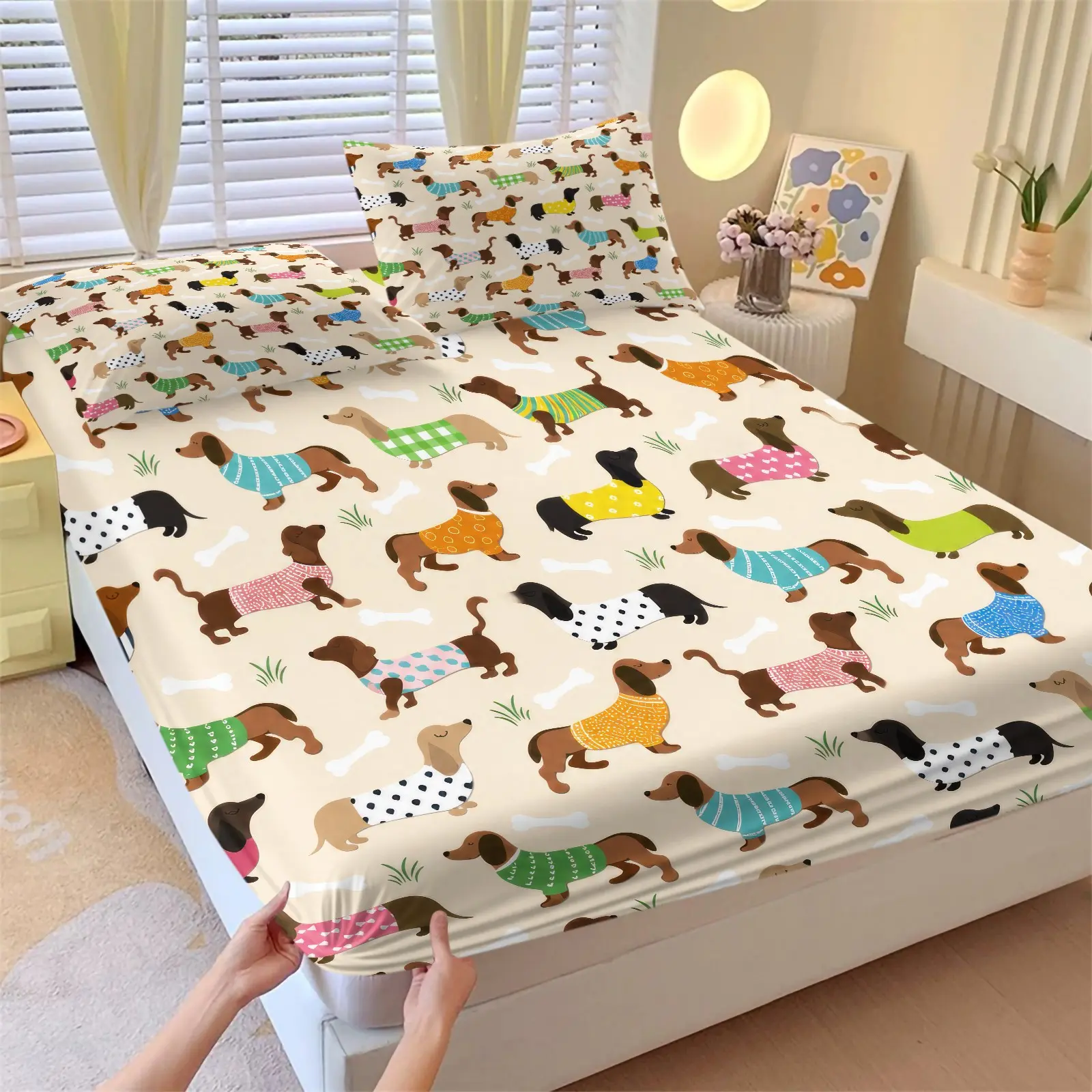 Warm Apricot Base Colorful Clothing Dachshund Fitted Sheet Set & 2 Pillowcases-Macaron Color Jacket Dachshund Full Cover-Soft Breathable Non-Slip-Fresh Playful Style Kid's/Puppy Lover/Pet Owner Bedroom Decor