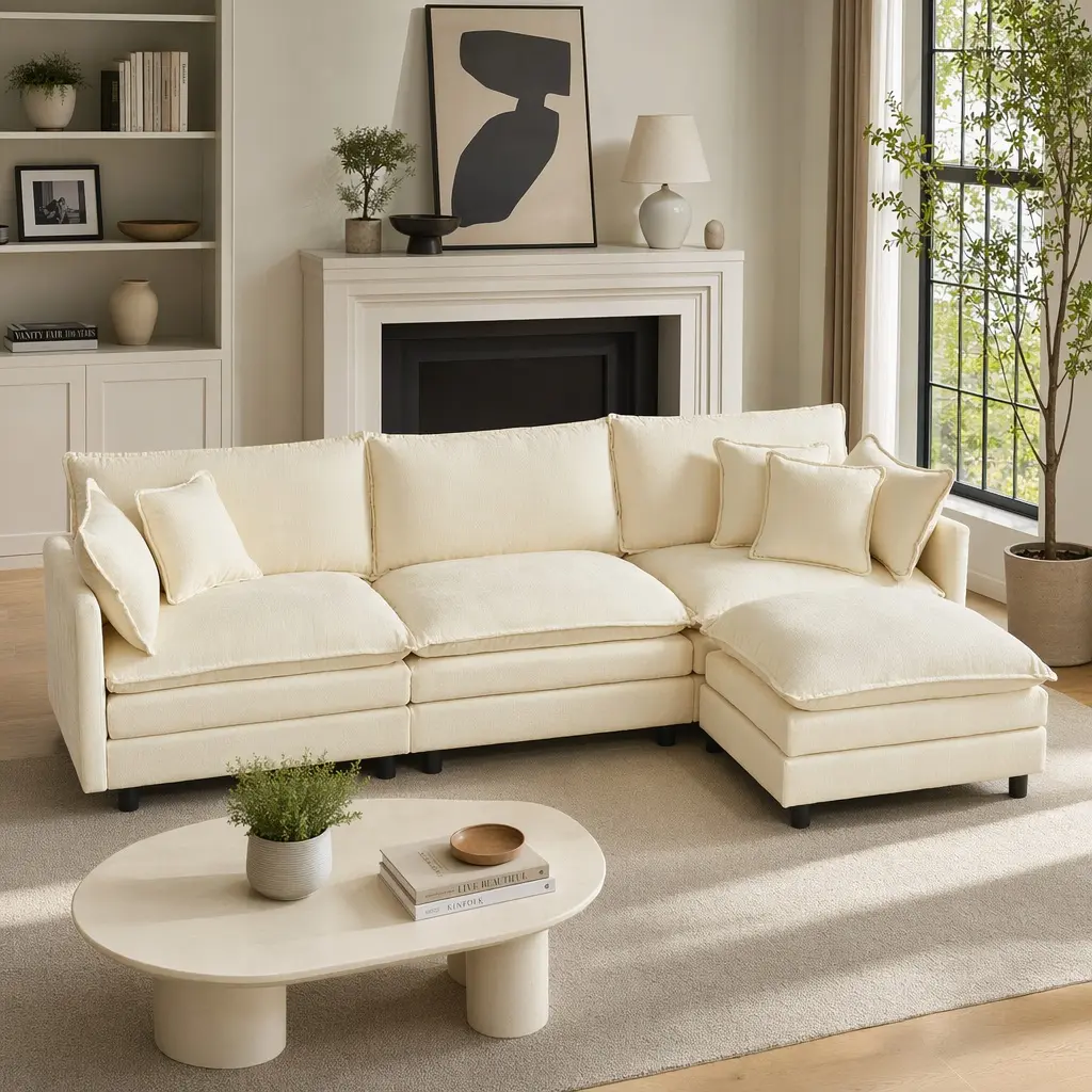 ARCH Modular L-Shaped Corner Sofa Set - 110in 3-Seater Divideable Chenille Beige Sectional, 3-in-1 DIY Combo with Movable Ottoman, Wood Frame, Medium Soft Cushion, Contemporary Indoor Living Room Furniture