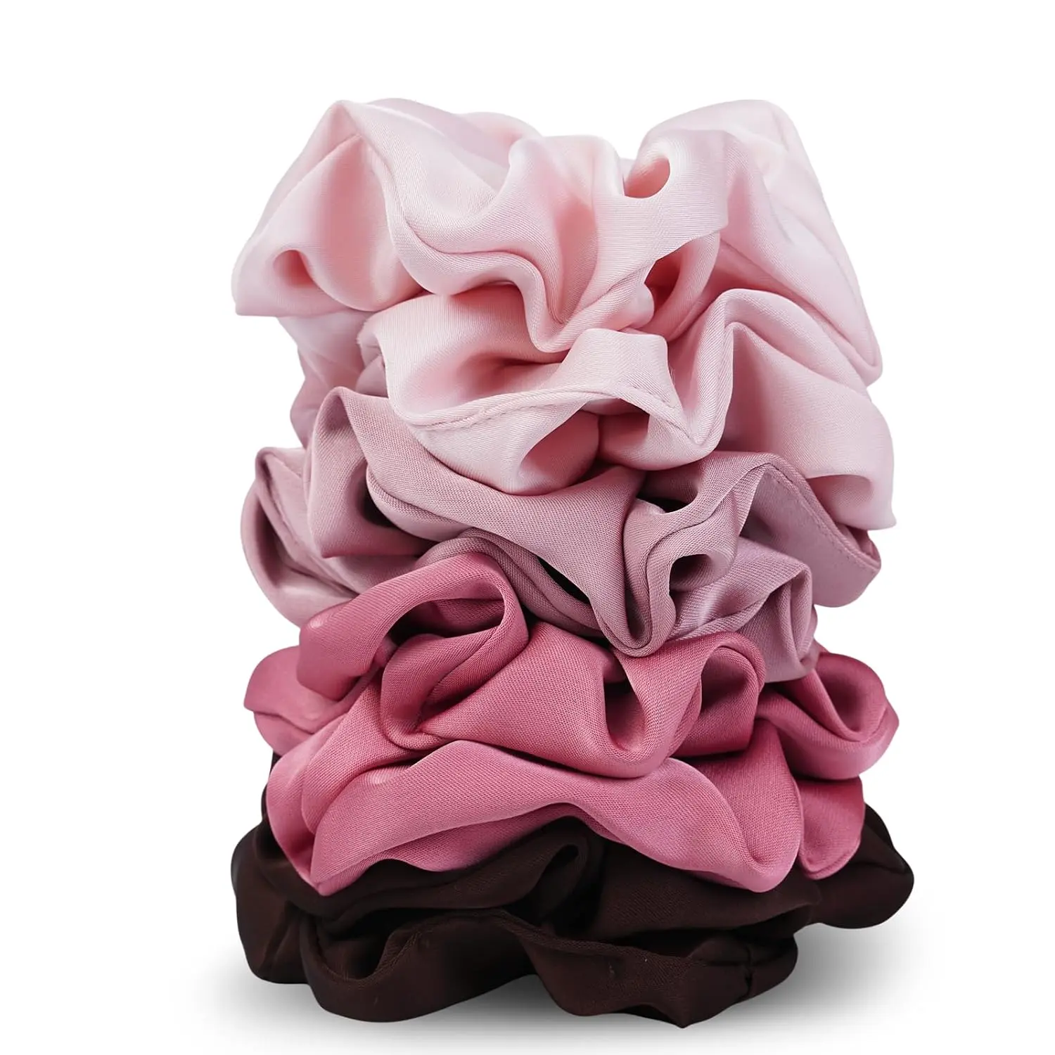 Women's Satin Scrunchies Set - 8 Count Blush & Brown Ruched Texture Silk Hair Ties, Modern Female Use, No Crease, Frizz-Free Grip, Gentle Elastic, Soft Stylish Everyday Wear Hair Accessories Gifts