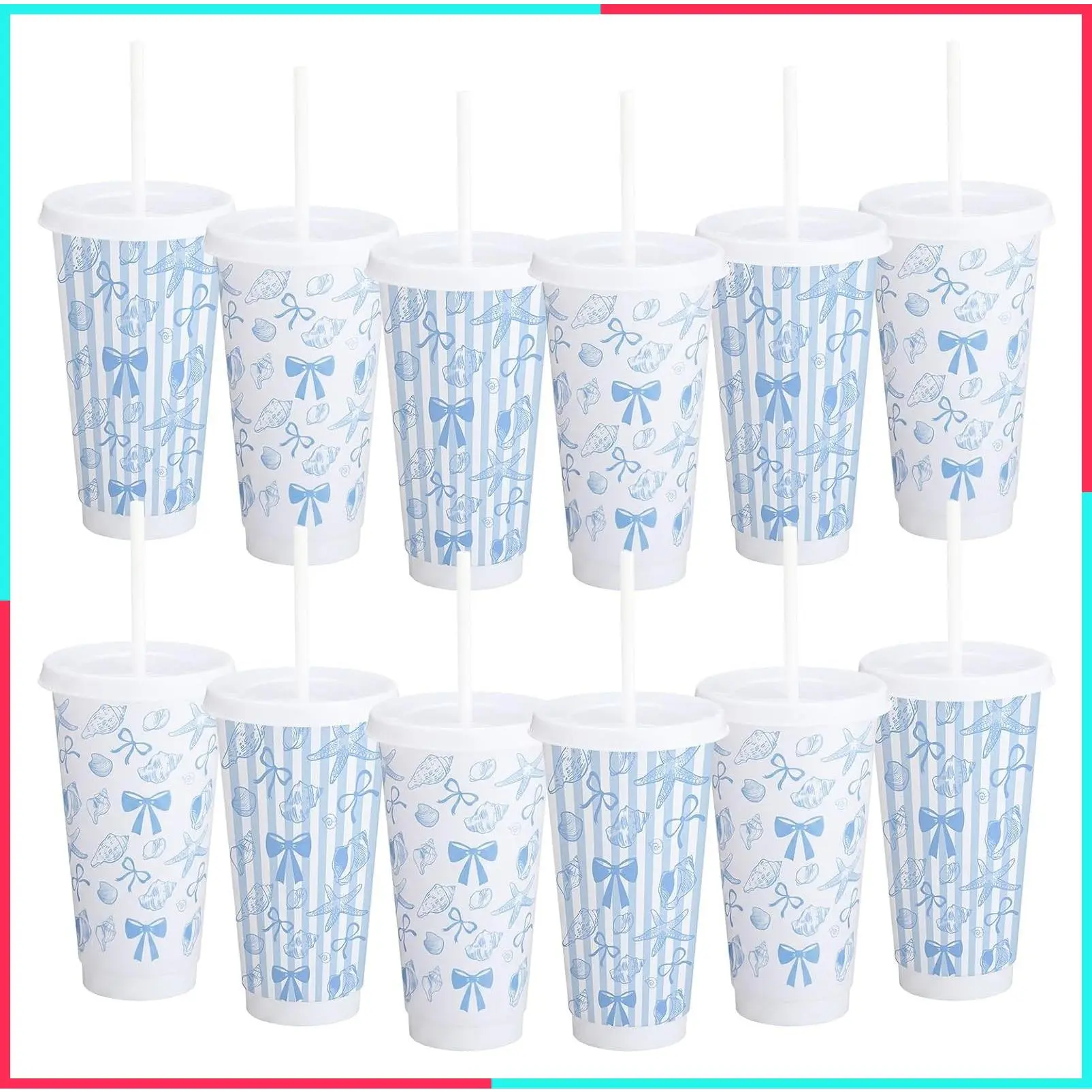 24 oz Plastic Cups with Lids and Straws, 12 Pcs Coastal Party Drinkware Set