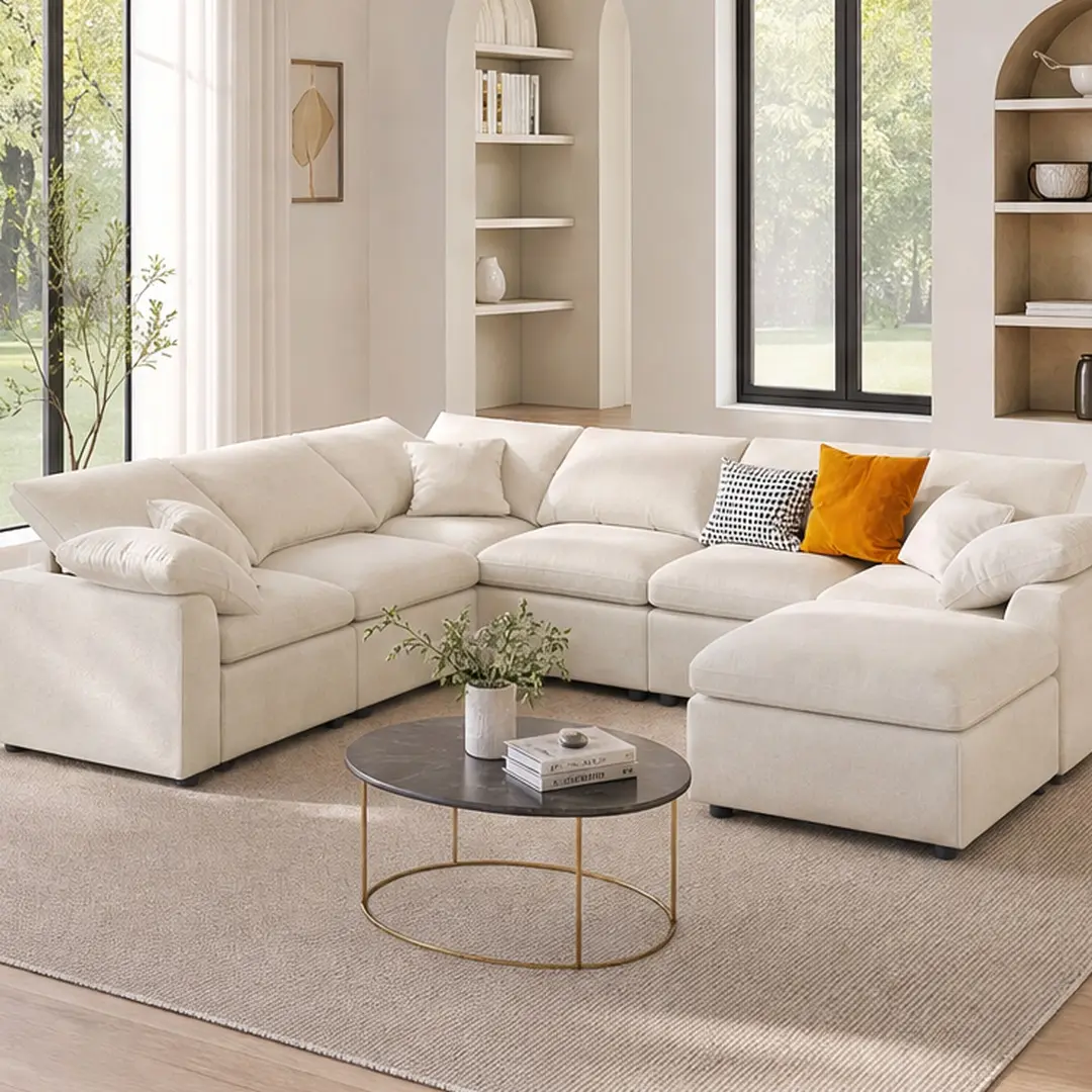 ARCH 120.8" Extra Large 7-Seater Modular L-Shape Sectional Sofa with Movable Ottoman, Plush Chenille Fabric, Solid Pine Wood Frame for Living Room, Office, Beige/Gray Options, Beige/Gray Color Options, Chenille Material, 7 Seat Seat Count
