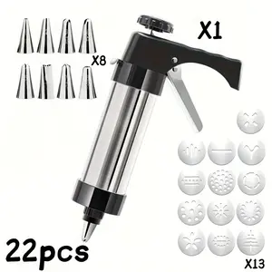 22-Piece Cookie Press and Icing Gun Set – Includes 13 Pattern Discs, 8 Piping Nozzles, and 1 Press Gun. An essential baking tool for Halloween, Christmas, and Valentine's Day.