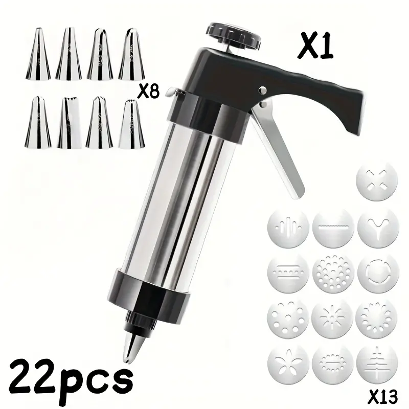 22-Piece Cookie Press and Icing Gun Set – Includes 13 Pattern Discs, 8 Piping Nozzles, and 1 Press Gun. An essential baking tool for Halloween, Christmas, and Valentine's Day.