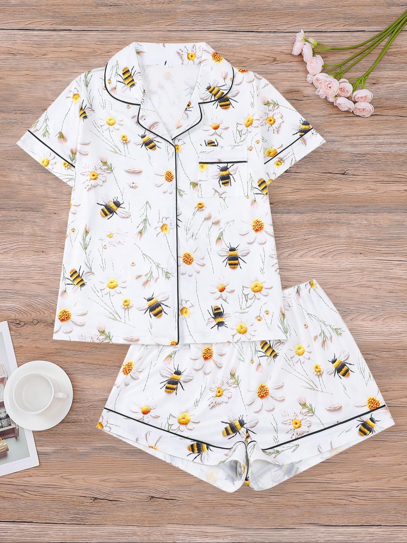 Women's Floral Print Pajama Set, Short Sleeve Button Front Top & Elastic Shorts, Casual Fitted Sleepwear for All Seasons