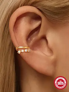 (Single Piece) Gold-Plated S925 Sterling Silver Eight-pointed star Earring Cuff with Diamond Accents — Ideal for Daily Wear, Weddings, Parties, Engagements, Anniversaries, Valentine's Day, and Other Special Occasions.