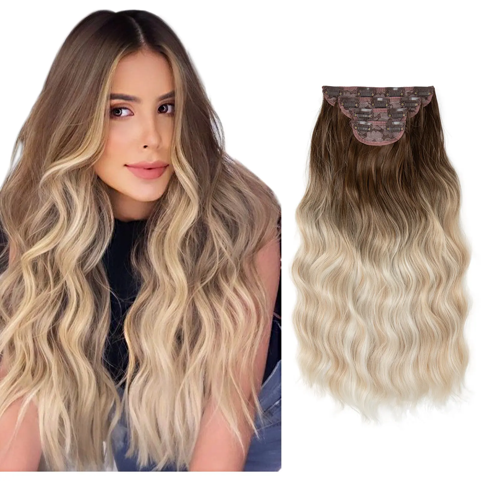 Women's Long Curly Water Wave Clip-in Hair Extension Set – 4-Piece Weft with Clips