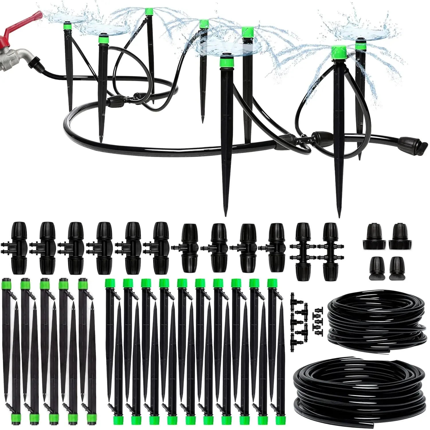 Drip Irrigation System Kit for Garden Watering, Sprinkler, 100 ft | For Garden, Yard, Raised Beds, Plants, Lawn, with Barbed 5/16 Mainline + 1/4 Tubing + 30 Emitters, 20-45 PSI and up to 40 GPH