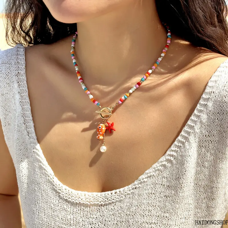 Boho Viral Indie Coastal Quirky Ceramic Spotted Fish Necklace For Women, Vintage Ocean Faux Pearl Turquoise Starfish Beaded Pendant, Eclectic Accessory For Beach Travel Shopping Daily Outfit Styling
