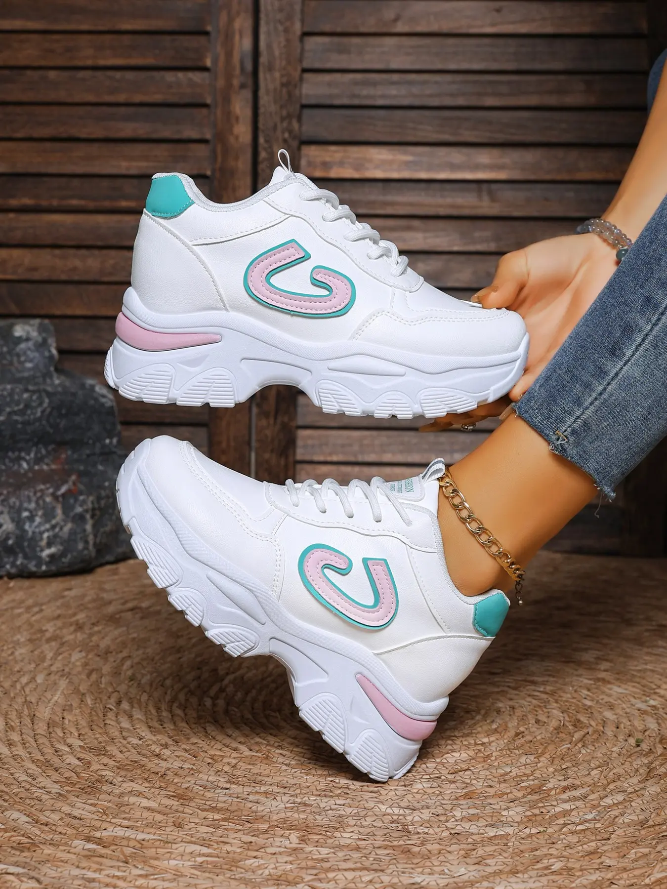 Women's New Fashion Comfortable All-Season Waterproof PU Leather Sneakers, Thick Sole Height Boost, Casual Round Toe Low Top Shoes
