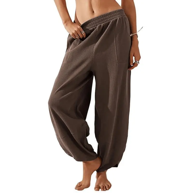 Relaxed Slouchy Wide Leg Pants for Women, Elastic Waist Pull On Trousers with Side Seam Pockets & Curved Hem, Casual Versatile Bottoms for Shopping Trip Beach Street Outfits