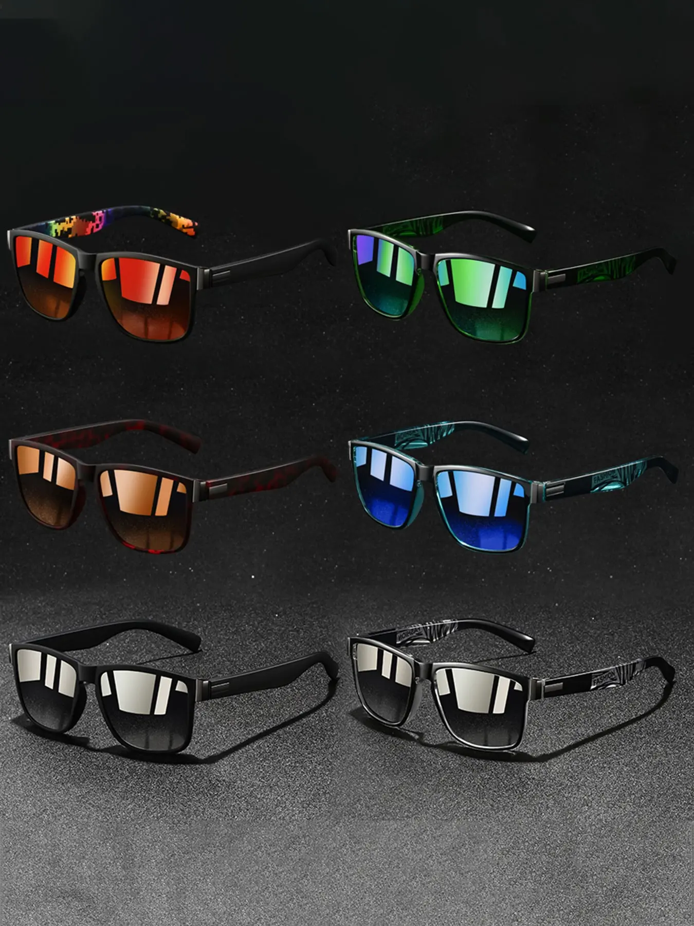 6 pairs of fashionable contrasting sports sunglasses, equipped with UV400 protective lenses, contrasting frame and anti slip rubber nose pad to improve wearing comfort, combining fashion and practicality, suitable for daily leisure and outdoor activities.