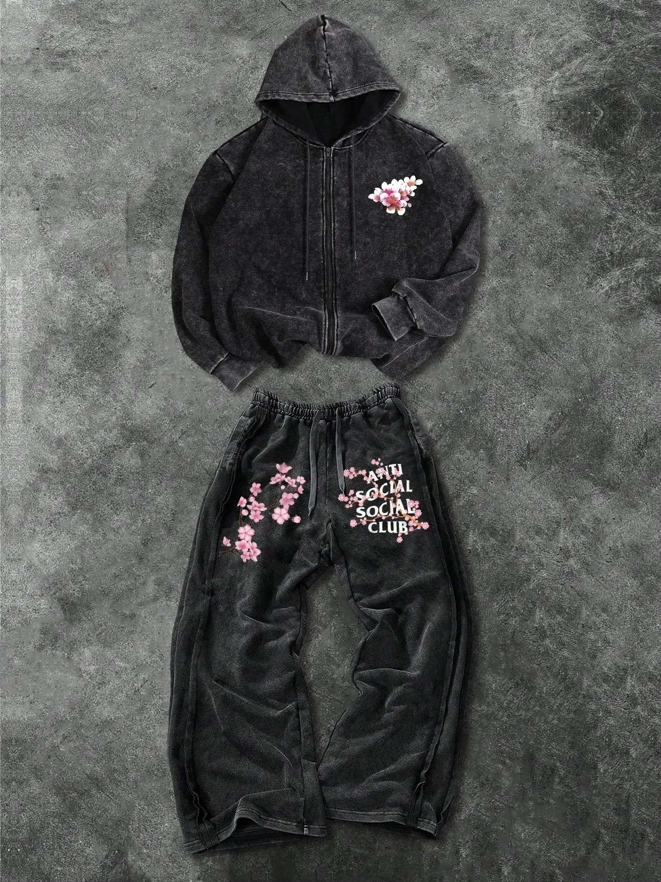 Men's Two-Piece Fashion Casual Set, Japanese Cherry Blossom Print, Cotton Hoodie and Loose Pants, Spring Fall Winter Sports Wear