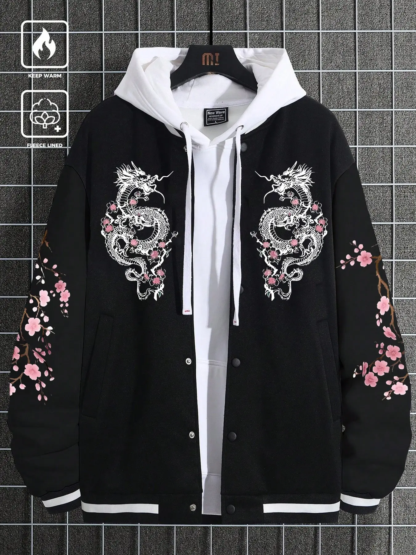 Eastern Dragon Cherry Blossom Print Fleece Baseball Jacket, Loose Fit Button Front Coat, Soft Anti-Pilling Warm Fabric, Fall Winter Streetwear