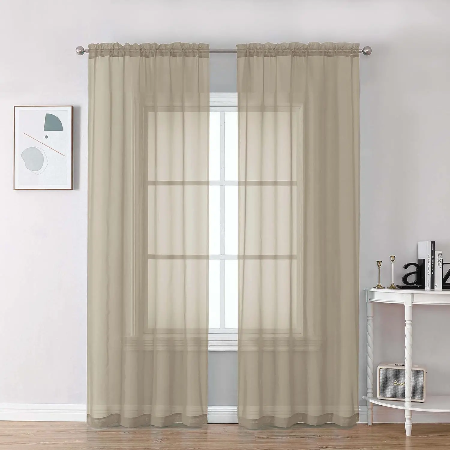 Modern Taupe Solid Polyester Sheer Curtains - 2-Panel Set, 42Wx84L Inches, Lightweight Light Filtering Drapes for Bedroom/Living Room, Soft Airy Voile Rod Window Treatments