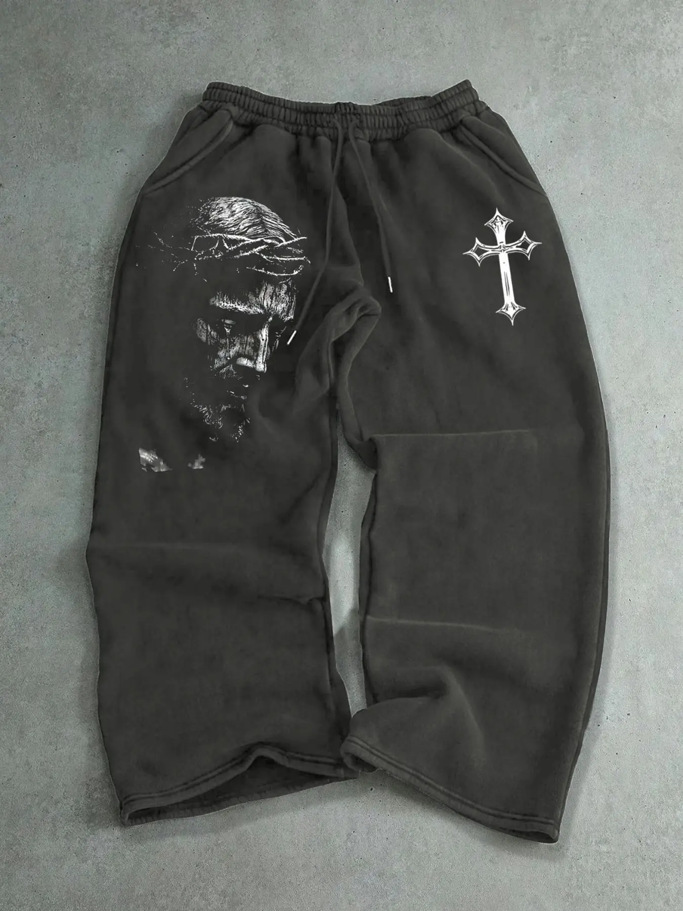 Men's Cross Jesus Print Drawstring Waist Sports Pants, Casual Loose-Fit Long Pants, Comfortable Classic Fashion Male Clothing