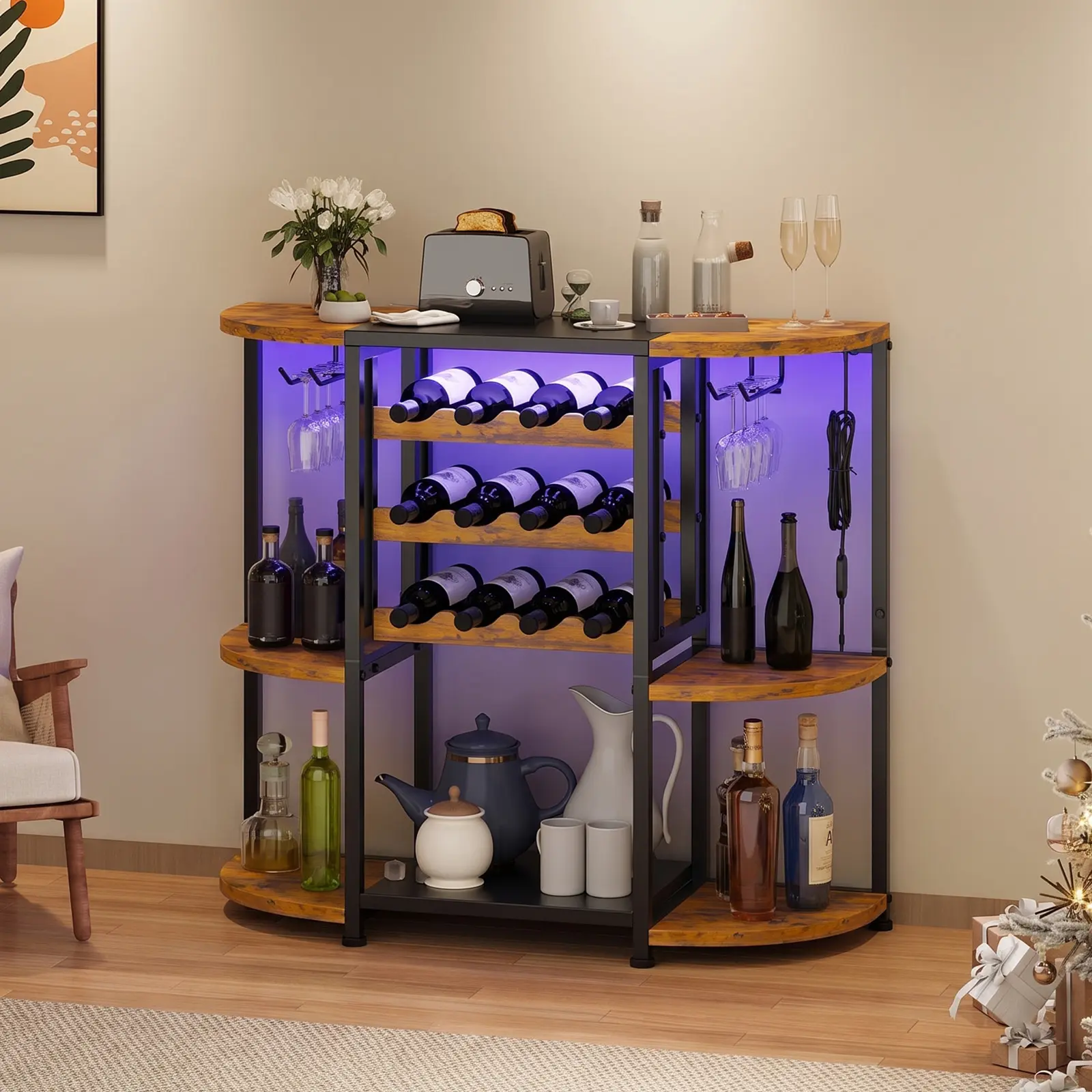 3-Tier 34.7In LED Wine Bar Table with Glass Holder, Board, Mini Wine Rack with Storage & Power Outlets for Liquor, Freestanding Coffee Bar for Home, Living Room, Kitchen, Dining Room