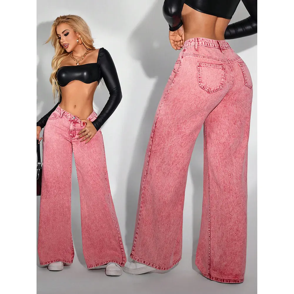 Women's High Waist Pink Wide Leg Jeans, Cotton Blend Vintage Washed Loose Fit Casual Denim Pants