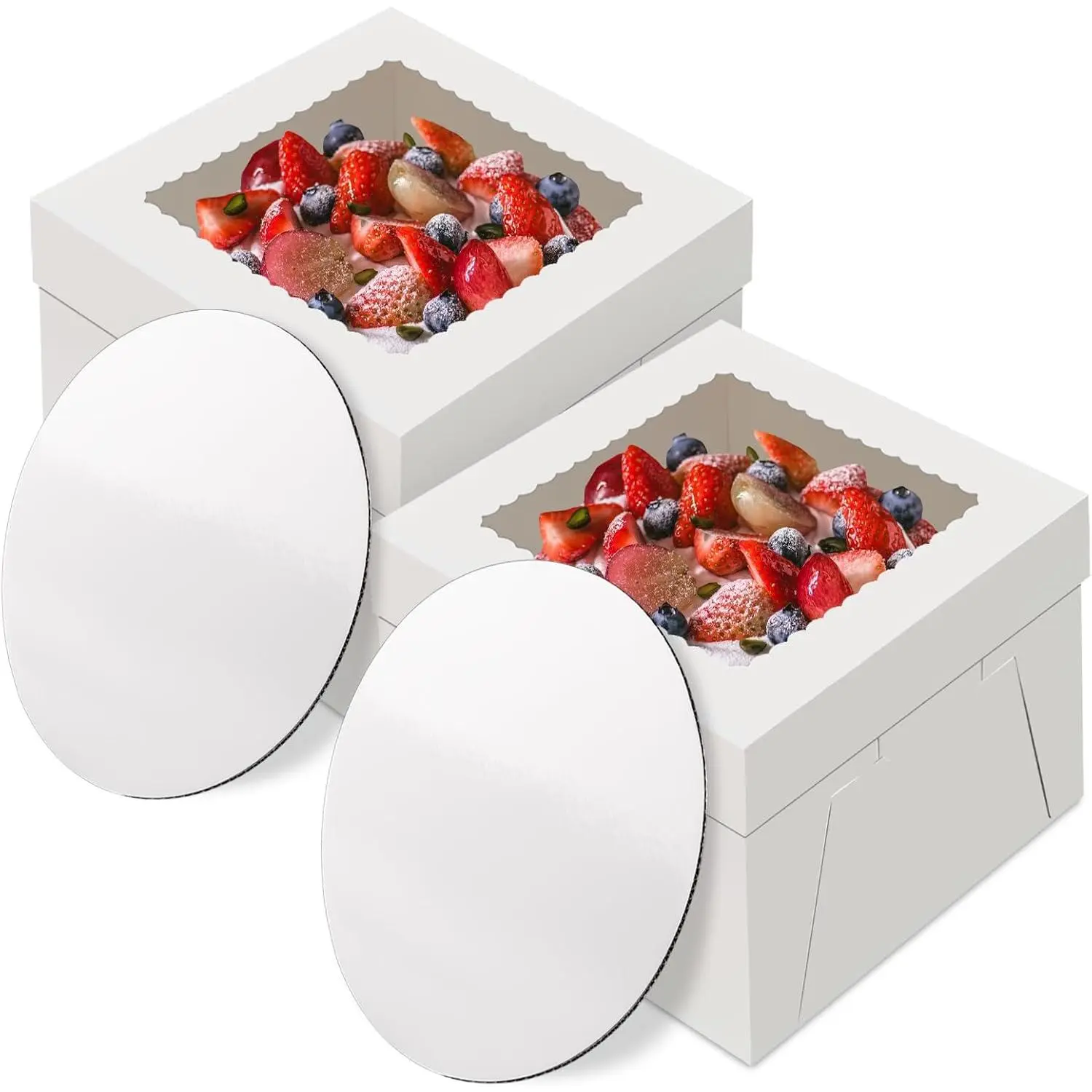 12 in Cake Box with Board, Cake Carrier Holder Container | 12×12×8 in, 2+2 Pcs, Thick Cardboard, Tall and Large, Clear Window, for Cake Pies Baked Goods Storage and Transport