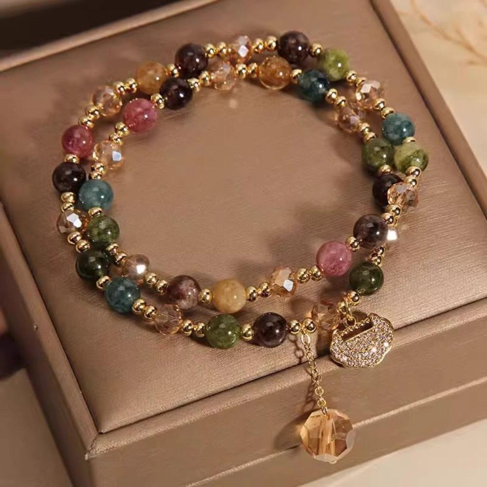 New Double Loop Colorful Tourmaline Bracelet for Women, INS Luxury Unique Design, Longevity Lock Charm Bangle, Perfect Gift for Best Friends