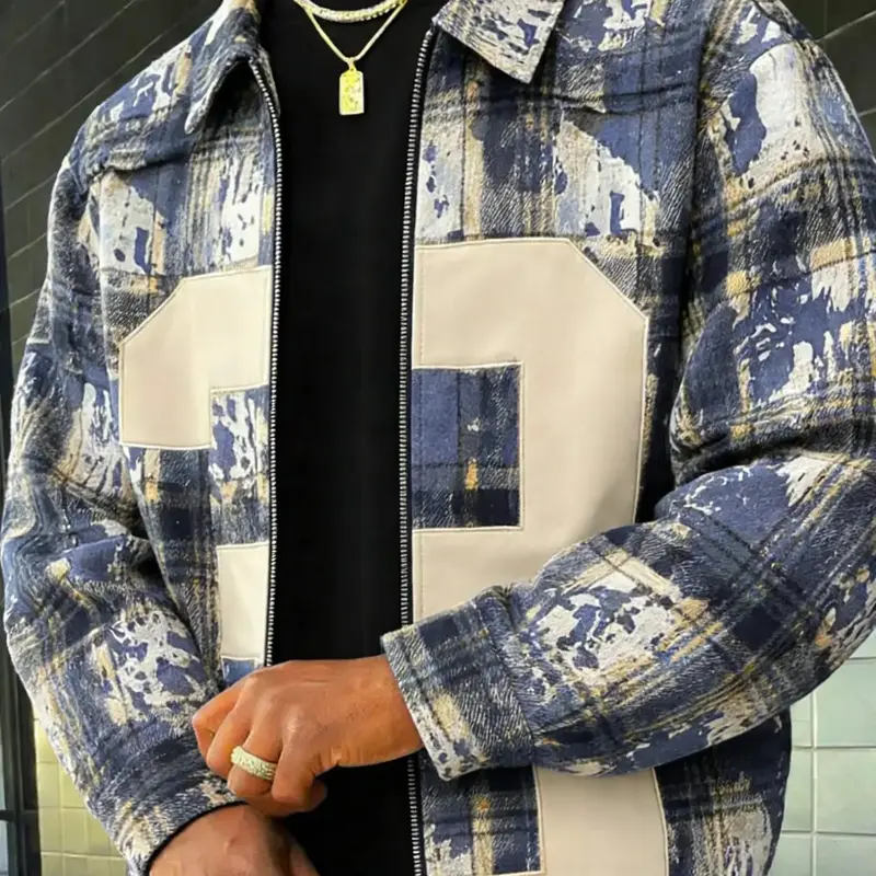 New Men's Jacket Ink Floral Denim Gradient Colorblock Loose Lapel Coat, Spring & Fall Casual Fashion, Stylish Hoodie for Daily Wear Long Sleeve