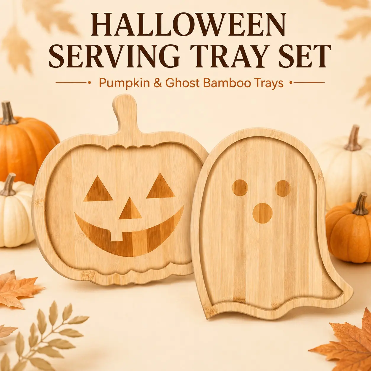 Halloween Bamboo Serving Tray, Pumpkin & Ghost Shaped Charcuterie Board, Cheese & Appetizer Platter for Snacks, Fruit & Desserts, Halloween Christmas Party Tableware