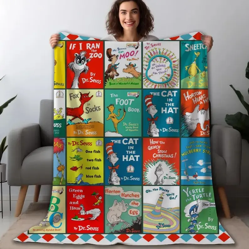 Dr. Se-uss Fleece Blanket, Cat In Hat Vintage Blanket, Dr. Se-uss Retro Comic Books Cute Blanket, Birthday, Christmas Gifts For Book Lovers