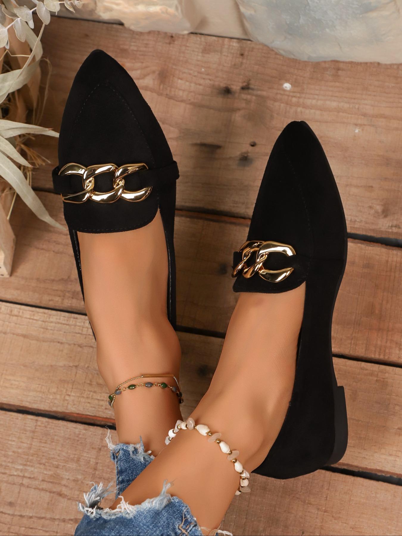 Pointed-Toe Velvet Material Loafers with Chain Buckle, Elegant Retro Style Comfortable Flat Sole Rubber Shoes for Work & Casual Wear Footwear, Pointed Toe Flats