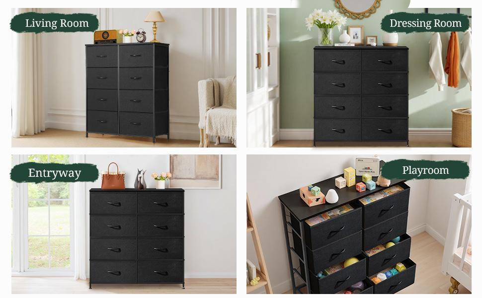 8-Drawer Dresser for Bedroom, Anti-Tip Tall Storage Organizer Chest of Drawers with Wooden Top and Metal Frame Fabric Bins for Closet, Living Room, Hallway, Entryway, Black