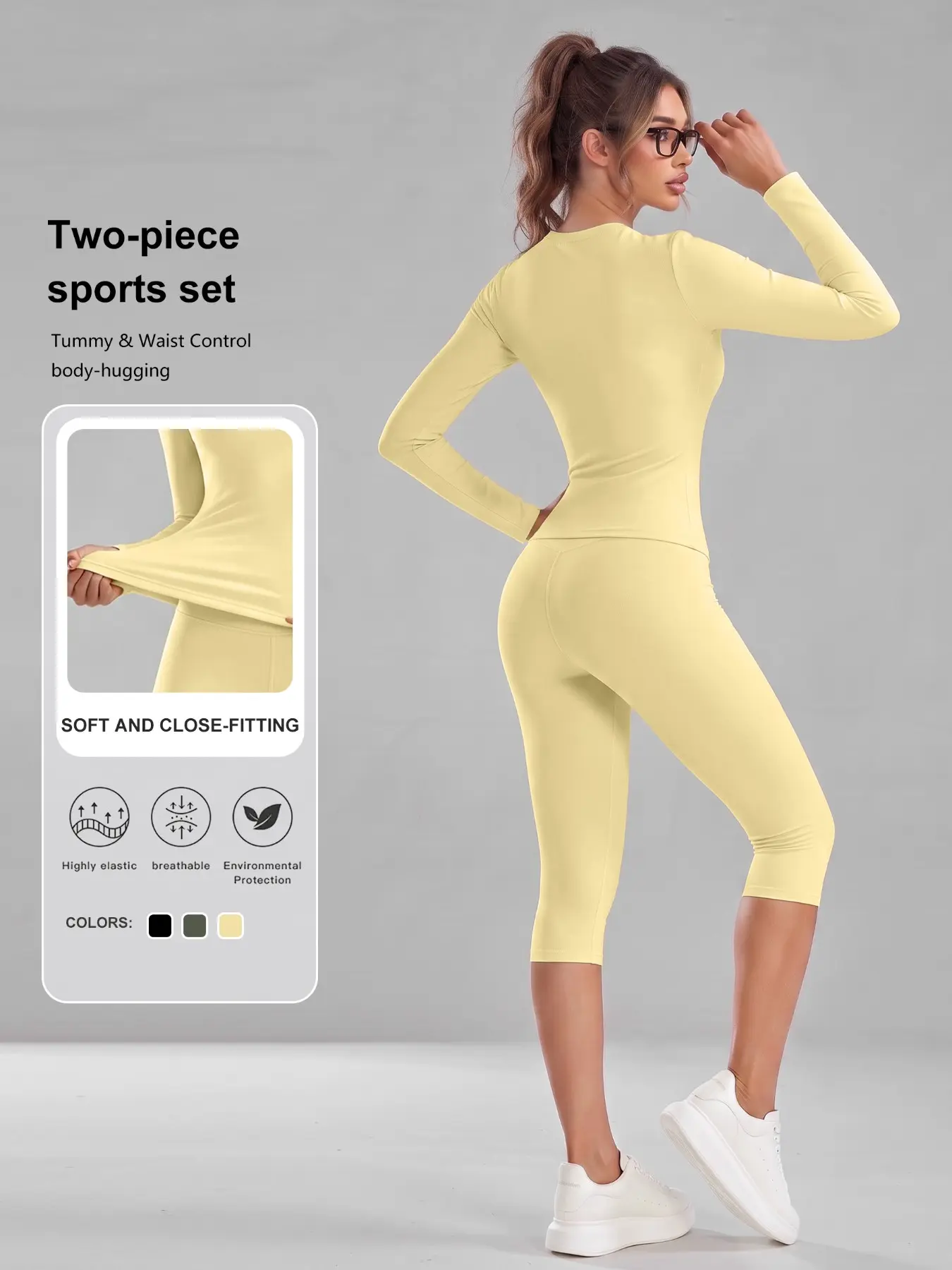 2-Piece Set, Athletic Workout Set, Round Neck Long Sleeve Slim Fit Top + Seven-Quarter Sport Yoga Pants, High Elastic, Breathable, Soft, Abdominal Shaping, All Seasons