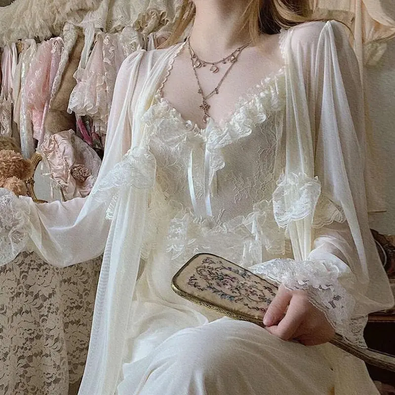 Vintage Female Court Style Thin Tulle Robe Nightdress Ladies Princess Nightgowns Fairytale Pajamas Sleepwear Women's Clothing