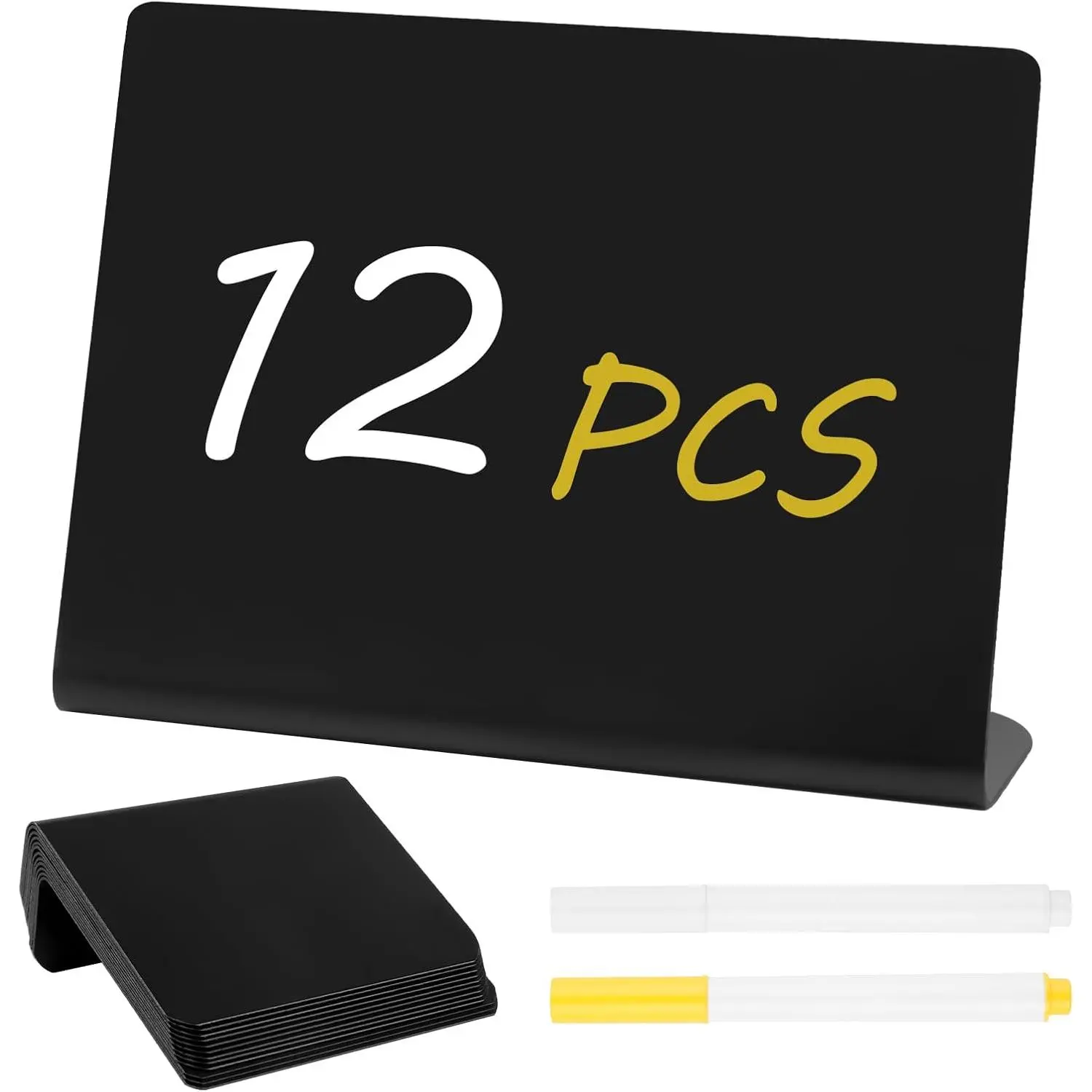 12 count 4"x3"  Labels for Party Buffet, Mini Chalkboard Signs | L Shape, 2 Markers, PVC  Signs Name Cards, Small Chalk Board, Easy to Clean & , Outdoor, Birthday Weddings Bakery