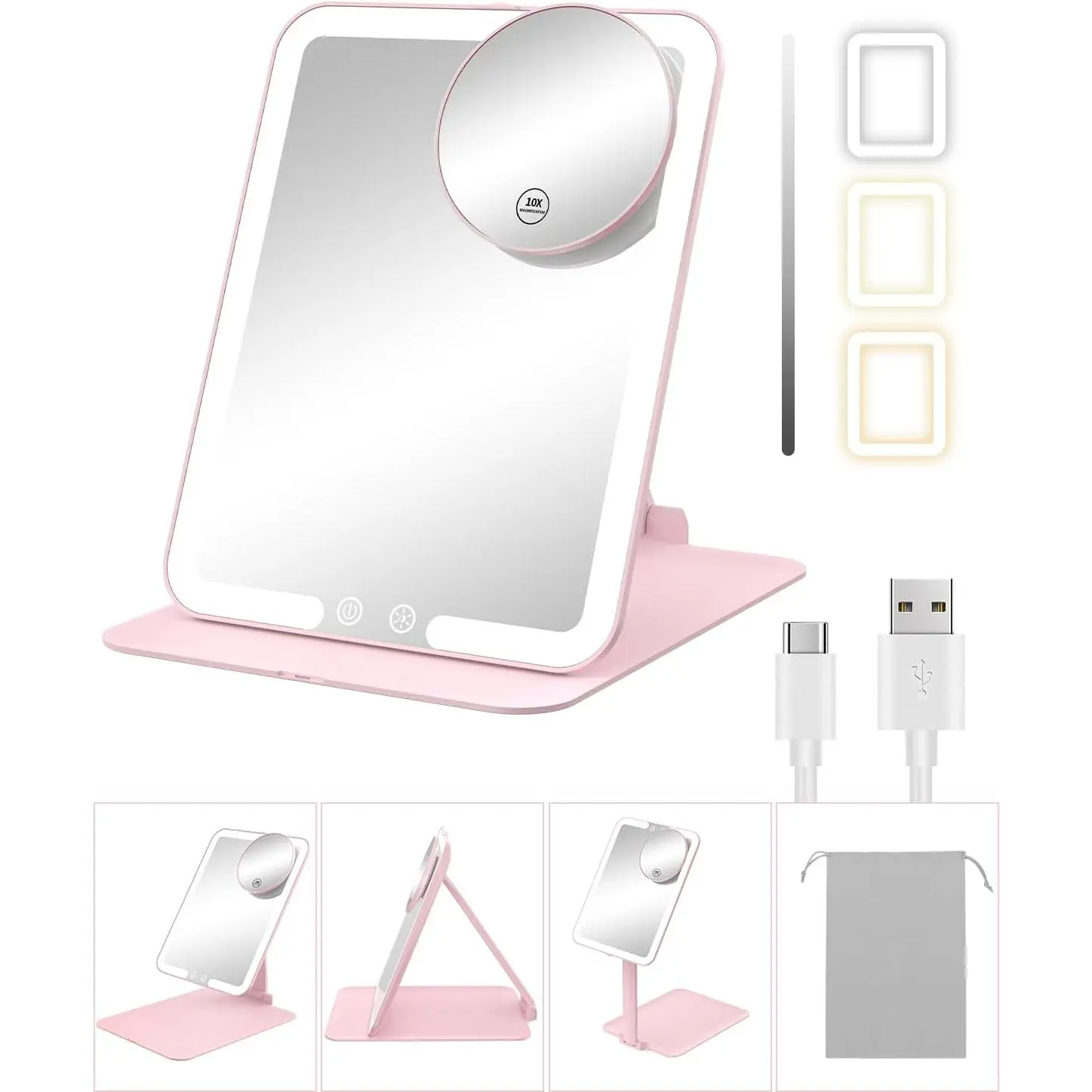 Travel Makeup Mirror with Lights and Magnification 10X, Portable Make Up Compact Tabletop Mirror with Adjustable Stand, 3 Colored Lights Rechargeable Lighted LED  Mirror -