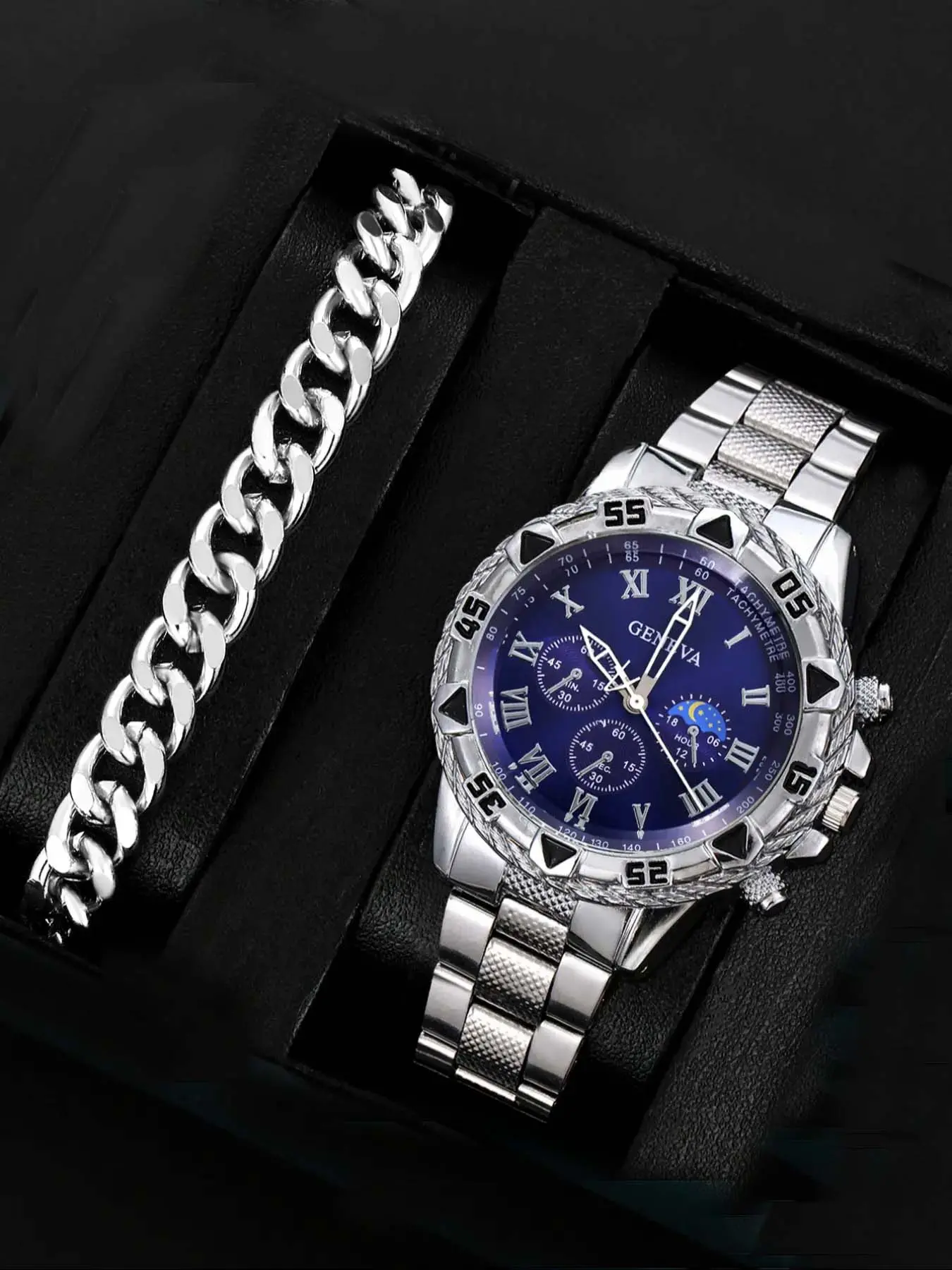 2-piece men's watch set, durable watch, silver needle quartz wristwatch, blue dial, casual style, with bracelet, a perfect gift for him, suitable for all seasons, classic quartz watch, quartz movement