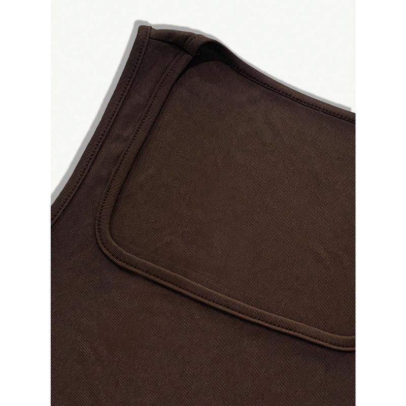 Men's solid color square-neck ribbed casual versatile tank top, men's clothing, brown socks, beige hem, stretch fabric, plain color