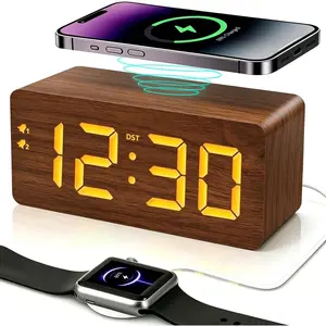 Digital  Clock with 10W   Charger, USB  Ports, DST, Dimmable, Snooze, Large Number LED Display for Bedrooms, Desk, Living Room Table, Bedside, Nightstand (Brown)
